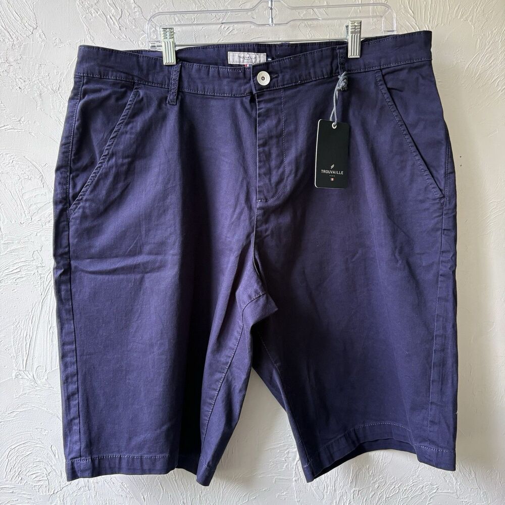 TROUVAILLE Men's Blue Cotton Chino Shorts Flat Front Slash Pockets Button 38W